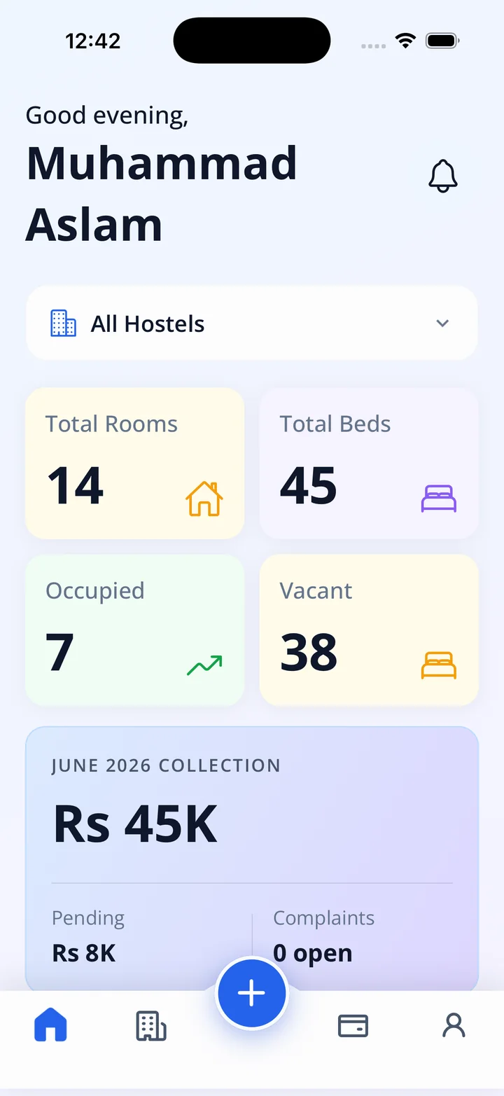Osstel app dashboard showing rent collection and hostel overview